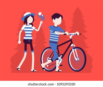 Couple in park. Two people in close loving relationship at date outdoor, enjoy good weather and open air activities in summer park, have a good time walking. Vector illustration, faceless characters
