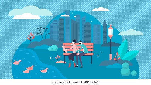 Couple in park vector illustration. Flat tiny romantic date person concept. Daily ducks feeding with bread scene as nice urban outdoors activity in park. Young people in love and start of relationship