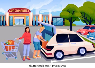 Couple At Parking Lot Near Supermarket Scene. Man Loading Groceries Into Trunk Of Car, Woman With Cart Full Of Food Vector Illustration. Outdoor Scene Near Store In Summer.