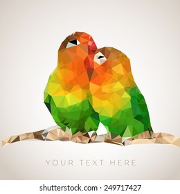 Couple of parrots sitting on branch in low poly design style. Love symbol. Low-poly colorful style. Romantic background for Valentines day.