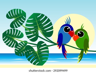 Couple of parrots sitting on a tree about the sea
