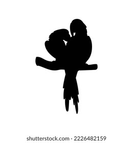Couple of parrots sitting together on perch monochrome outline silhouette, flat vector illustration isolated on white background. Parrot birds black shadow.