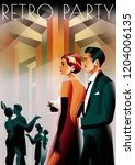Couple at a party in the style of the early 20th century. Retro party invitation card. Handmade drawing vector illustration. Art Deco style.