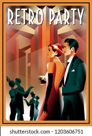 Couple at a party in the style of the early 20th century. Retro party invitation card. Handmade drawing vector illustration. Art Deco style.