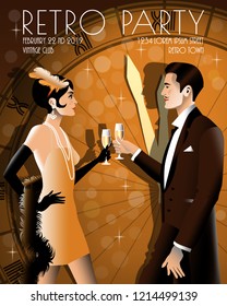Couple at a party in the style of the early 20th century. Retro party invitation card. Handmade drawing vector illustration. Art Deco style.