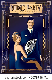 Couple At A Party In The Style Of The Early 20th Century. Retro Party Invitation Card. Handmade Drawing Vector Illustration. Art Deco Style.