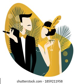 Couple at party in the style the early 20th century  Handmade drawing vector illustration  The Great Gatsby 