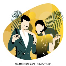 Couple at party in the style the early 20th century  Handmade drawing vector illustration  The Great Gatsby 