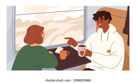 Couple of passengers traveling by railroad, sitting by window with tea cups and talking in train. Happy tourists enjoying trip by railway. Colored flat vector illustration of travelers in transport.
