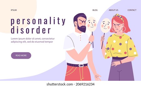 Couple Passive-aggressive behavior vector illustration. Man and woman hiding their anger under happy smiling fake masks. Personality disorder illustration.