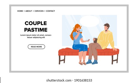Couple Pastime In Cafeteria Or Restaurant Vector. Boy And Girl Couple Pastime Sitting On Cafe Sofa And Drinking Tea Or Coffee, Talking And Resting. Characters Rest Web Flat Cartoon Illustration