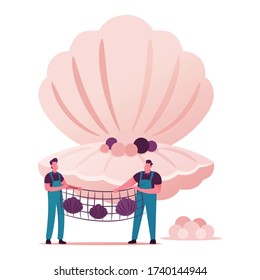 Couple of Pearl Farm Workers Characters Holding Net with Catch of Oyster Shells with Huge Conch with Beautiful Pearls on Background. Mollusc Cultivation Business. Cartoon People Vector Illustration