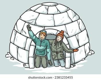 Couple peering out of igloo, engaging in the seasonal activity of building and sleeping in ice shelter during winter.