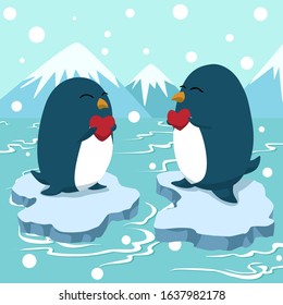 Couple penguin holding heart, Greeting card vector illustration, Valentines Day postcard