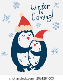 Couple of penguins hugging. Happy New Year or Christmas card. Perfect for greeting cards, invitations, flayers. Vector cartoon Holiday illustration.