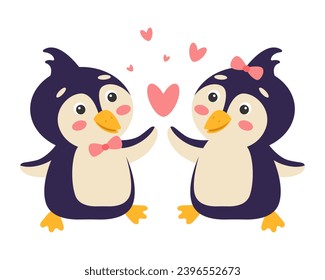 A couple of penguins in love. Valentines day. Vector illustration.