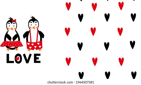 Couple of penguins with red and black hearts. Vector Valentines Day seamless pattern and illustration. 