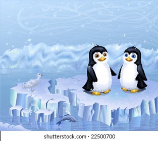 A couple of penguins sitting on an ice floe