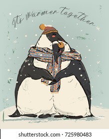 couple of penguins with warm scarf in love