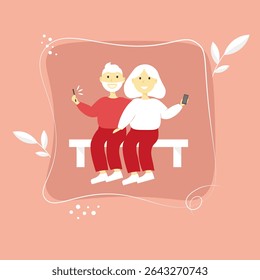 A couple of pensioners are resting on a bench and using gadgets, pensioners lead an active lifestyle