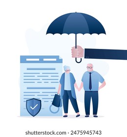 Couple of pensioners stand under protection of large umbrella. Insurance, health and life protection. Full insurance coverage, peaceful old age and necessary medical care and assistance. Flat vector