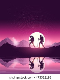 A couple of people with backpacks enjoy hiking through a scenic mountain pathway. Vector illustration