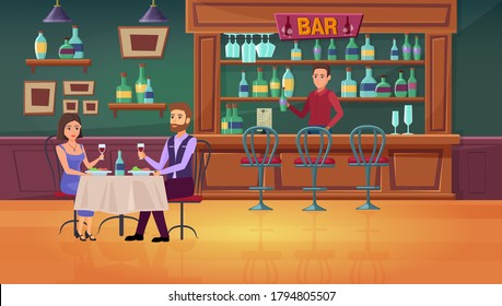 Couple people in bar vector illustration. Cartoon flat man woman characters meeting, dating drinking wine in restaurant interior, barista barman standing at bar counter, romantic dinner background