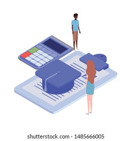 couple of people with calculator and sheet of paper on white background