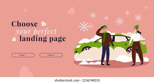 Couple people with car buried under snowdrift, covered with snow. Man and woman on snowy street flat vector illustration. Winter accident concept for banner, website design or landing web page