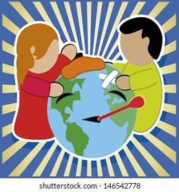 couple of people caring for the planet earth, blue striped background and golden.