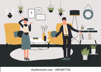 Couple people communication relationship vector illustration. Cartoon woman character communicating with sad confused man in home interior of living room, decorated in Scandinavian style background