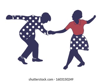 Couple People Dancing Jazz Swing Isolated On White Background. Elegant Silhouette Humans.Vintage Vector Style 1950s,1960s.Realistic,stylistic Characters.Rockabilly,charleston, Lindy Hop,boogie Woogie.