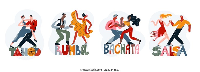 Couple people dancing latin dances to music set vector illustration. Cartoon happy woman and man dancer enjoy salsa, bachata, tango and rumba tropical party in night club or carnival isolated on white - Shutterstock ID 2137843827