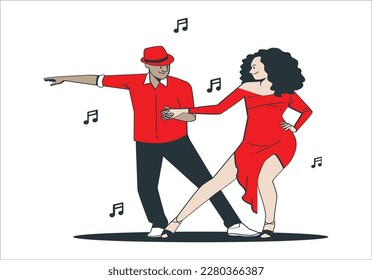 Couple people dancing latin dances to music set vector illustration. Cartoon happy woman and man dancer enjoy salsa, bachata, tango and rumba tropical party in night club or carnival isolated on white
