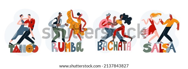 Deux personnes dansant des danses latin sur fond musical, ensemble d'illustrations vectorielles. Femme et danseur d'homme heureux en caricature profitez de la salsa, de la bachata, du tango et de la rumba tropicale en discothèque ou carnaval isolé sur blanc