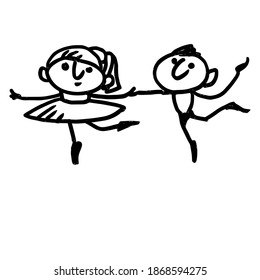 A couple of people dancing. Male and female ballet dancers. Hand-drawn cute cartoon characters. Vector black and white illustration