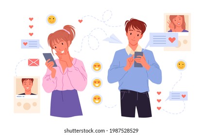 Couple people dating online, chatting in messenger using heart emoticons, holding phones