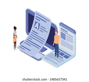 couple of people with desktop computer screen and sheets of paper