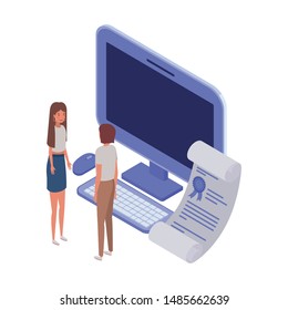 couple of people with desktop computer screen and sheets of paper