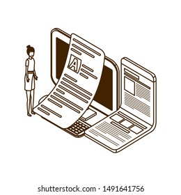 couple of people with desktop computer screen and sheets of paper