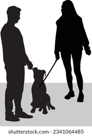 A couple of people with a dog on a leash.