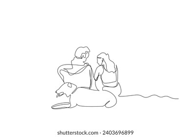 couple people dog together friends outdoor activity camp life one line art design