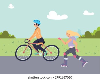 couple of people doing outdoor sports activities vector illustration design