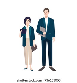 Couple of people dressed in business clothes or smart suits. Pair of male and female clerks or office workers isolated on white background. Flat colorful cartoon characters. Vector illustration.