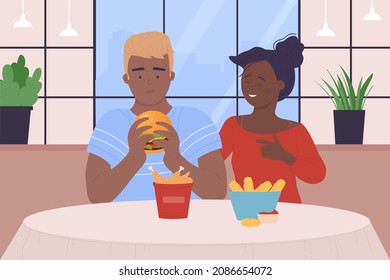 Couple People Eat Fast Food In Cafe Vector Illustration. Cartoon Hungry Teen Male And Female Characters Eating Chicken Nuggets, Burger, Enjoying Fastfood Meal Together In Cafeteria Interior Background