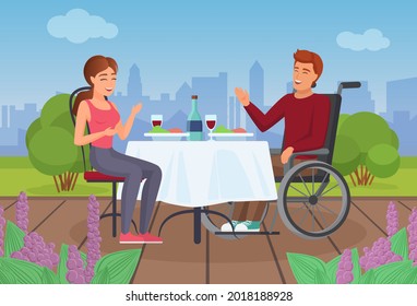 Couple people eat on outdoor terrace of restaurant cafe in summer vector illustration. Cartoon disabled man in wheelchair dining with girl, happy characters talking and eating together background