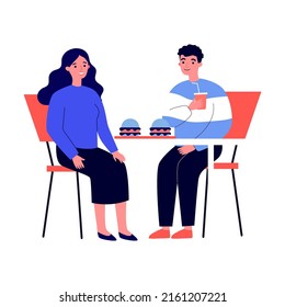 Couple of people eating at fast food restaurant flat vector illustration. Man and woman having lunch at cafe or cafeteria. Lifestyle and leisure concept.