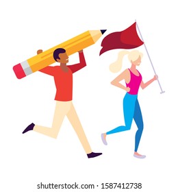 couple of people with flag and pencil on white background vector illustration design