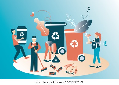 Couple of people gathering garbage and plastic waste for recycling. Service recycling