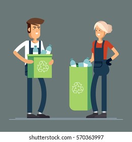 Couple of people gathering garbage and plastic waste for recycling. Service recycling